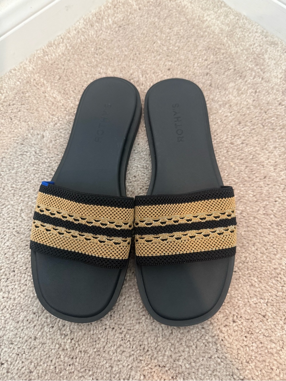 Rothy's Black Slide Sandals with Gold Woven Straps